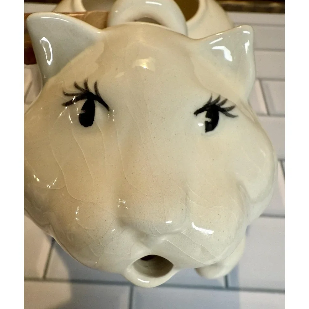 Vintage Cat Ceramic Teapot w/ Bamboo Handle Signed‎ Fumi — Crazing, Chip on Lid